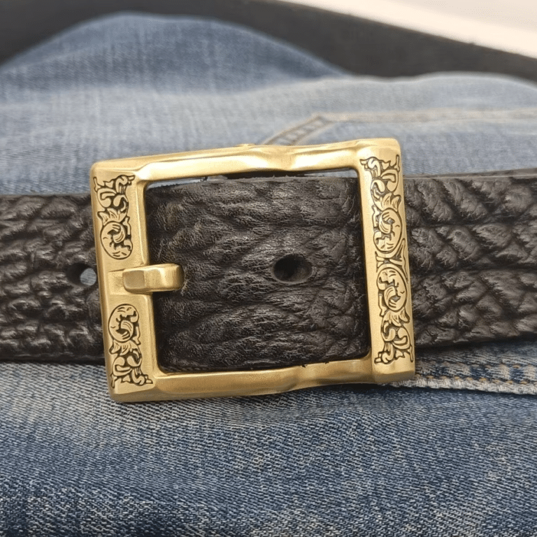 Ceinture cowboy en cuir épais noir faite main boucle dorée (3)