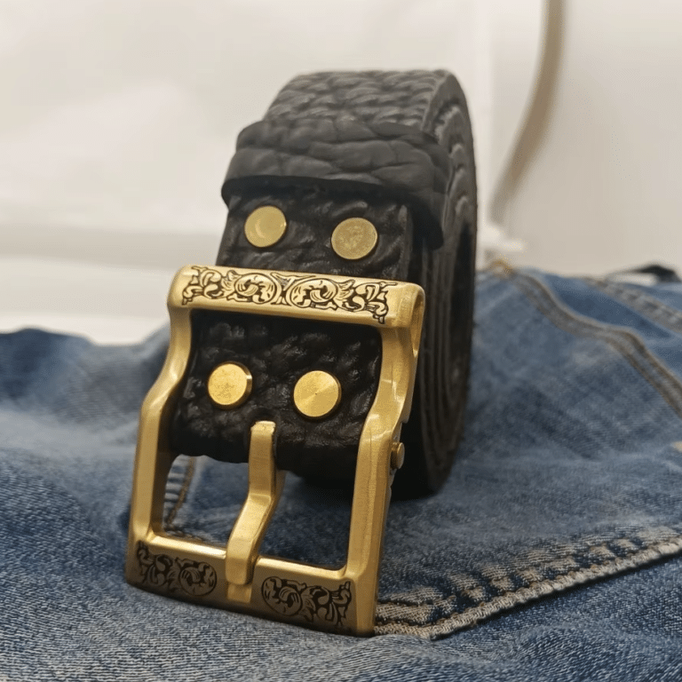Ceinture cowboy en cuir épais noir faite main boucle dorée (5)