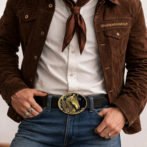 Ceinture cuir boucle cheval doré western (2)