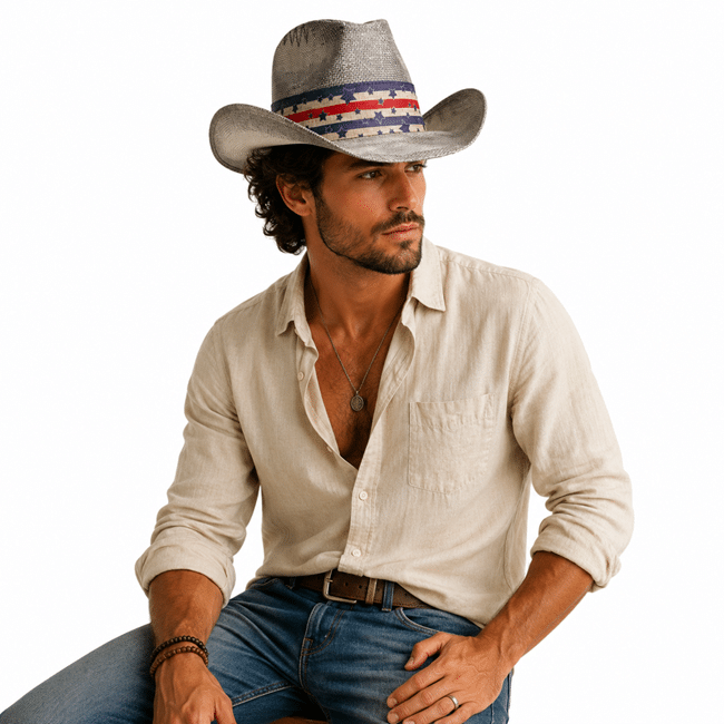 Chapeau cowboy blanc gris bandeau étoiles (1)