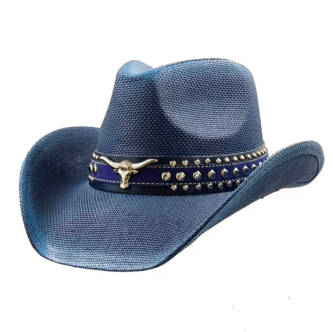Chapeau cowboy bleu bandeau clou et taureau (2)