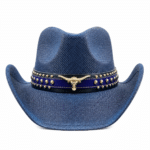 Chapeau cowboy bleu bandeau clou et taureau (3)