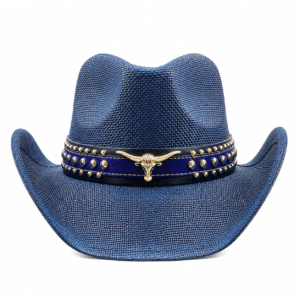 Chapeau cowboy bleu bandeau clou et taureau