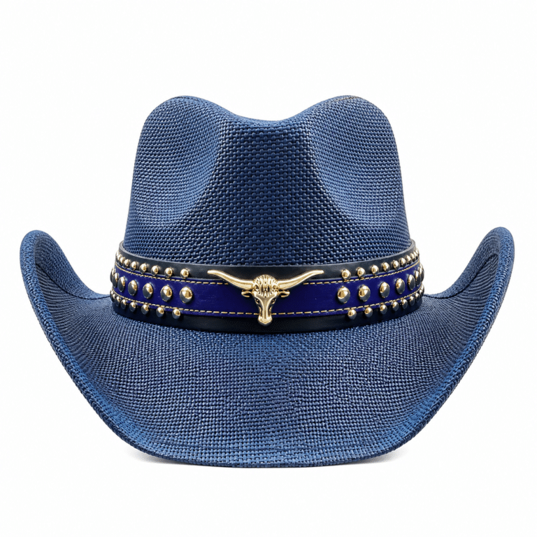 Chapeau cowboy bleu bandeau clou et taureau (3)