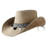Chapeau cowboy cuir beige avec ruban tissé noir et blanc (1)