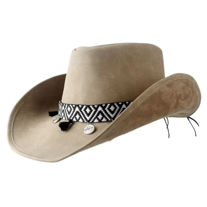 Chapeau cowboy cuir beige avec ruban tissé noir et blanc (1)