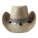 Chapeau cowboy cuir beige avec ruban tissé noir et blanc (2)