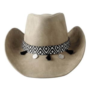 Chapeau cowboy cuir beige ruban tissage noir et blanc