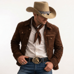 Chapeau cowboy cuir beige avec ruban tissé noir et blanc (3)