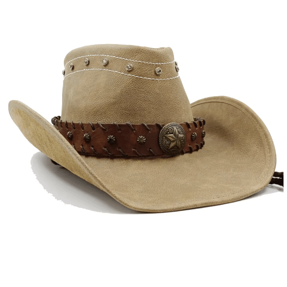 Chapeau cowboy cuir beige ruban cuire et étoile (1)