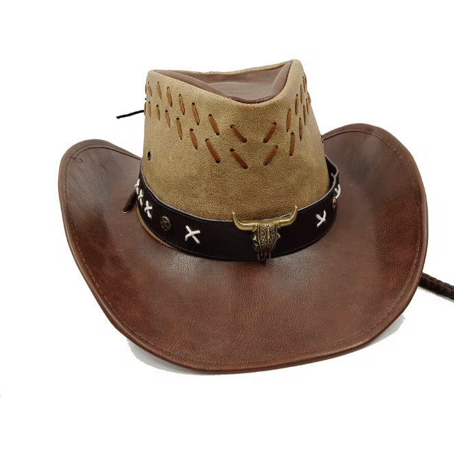 Chapeau cowboy cuir bicolore marron et beige tête de taureau (1)