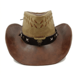 Chapeau cowboy cuir bicolore marron et beige tête de taureau (3)