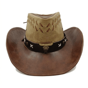 Chapeau cowboy cuir bicolore marron et beige tête de taureau
