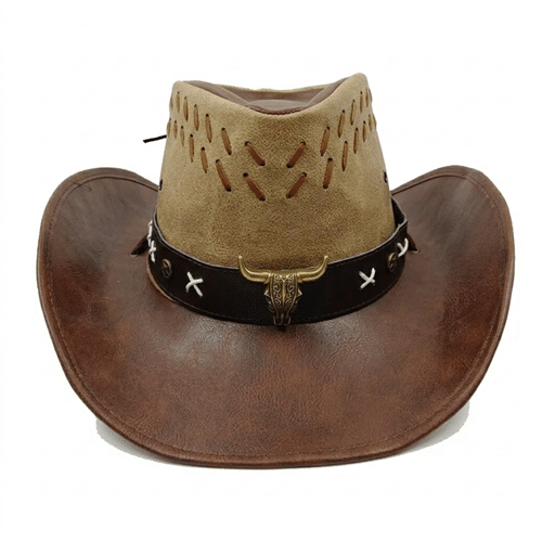 Chapeau cowboy cuir bicolore marron et beige tête de taureau (3)