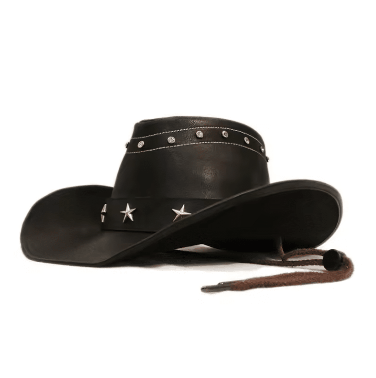Chapeau cowboy cuir vegan noir à rivets et étoiles (1)