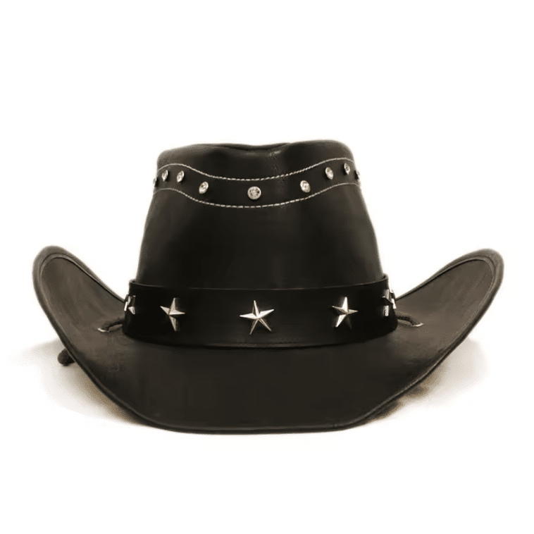 Chapeau cowboy cuir vegan noir à rivets et étoiles (2)