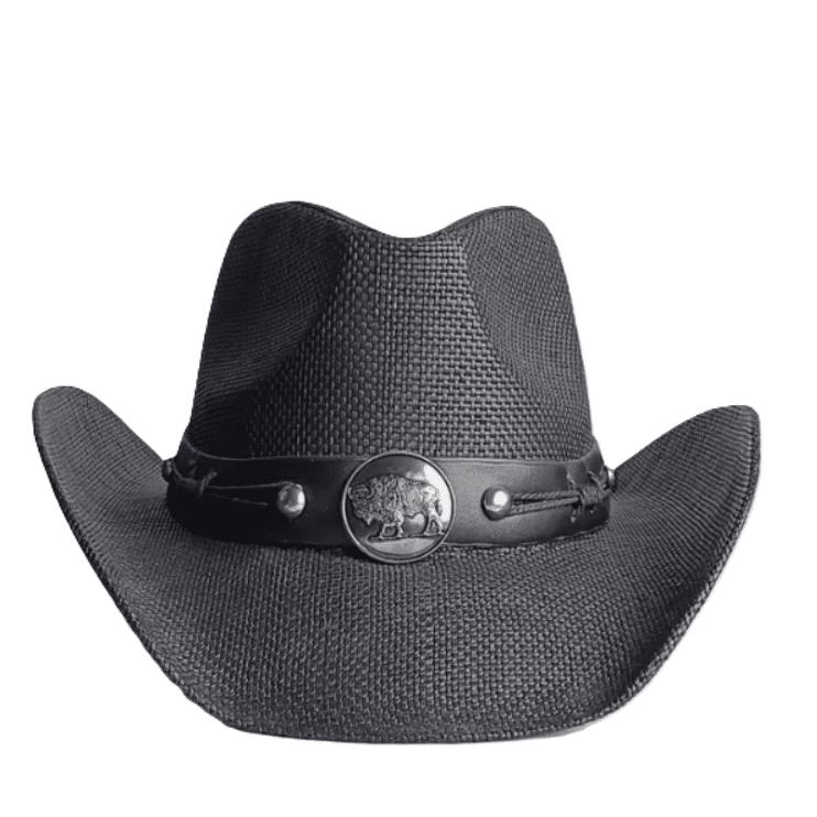 Chapeau cowboy effet paille noir bandeau bison (1)