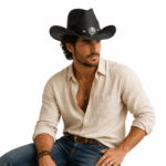 Chapeau cowboy effet paille noir bandeau bison (2)