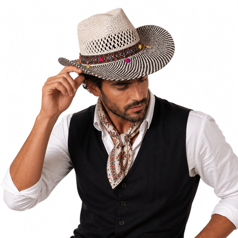 Chapeau cowboy homme effet paille motif damier