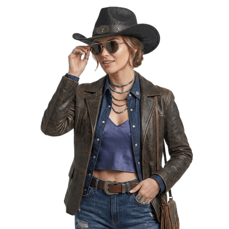 Chapeau cowboy femme marron simili cuir effet vieilli bandeau médaillons (1)