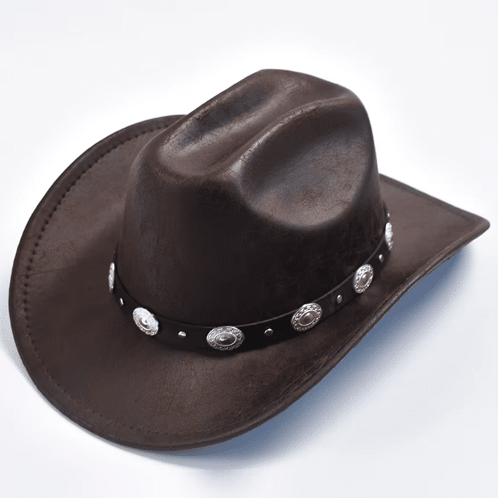 Chapeau cowboy femme marron simili cuir effet vieilli bandeau médaillons (2)