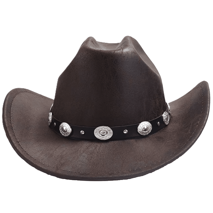 Chapeau cowboy femme marron simili cuir effet vieilli bandeau médaillons (3)