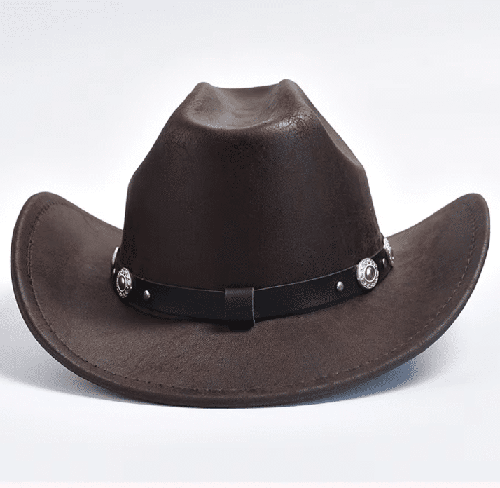 Chapeau cowboy femme marron simili cuir effet vieilli bandeau médaillons (5)