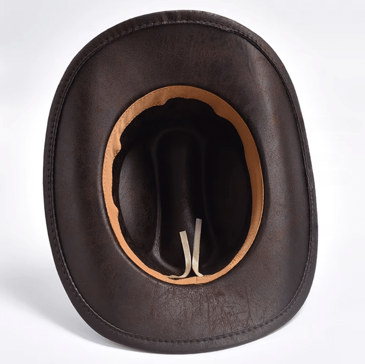 Chapeau cowboy femme marron simili cuir effet vieilli bandeau médaillons (6)