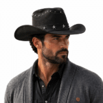 Chapeau cowboy homme noir en simili cuir avec rivets et étoiles