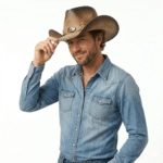 Chapeau cowboy homme sable cuir véritable effet vieilli bandeau tête de taureau (1)
