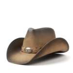 Chapeau cowboy homme sable cuir véritable effet vieilli bandeau tête de taureau (3)