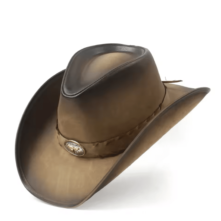Chapeau cowboy homme sable cuir véritable effet vieilli bandeau tête de taureau (4)