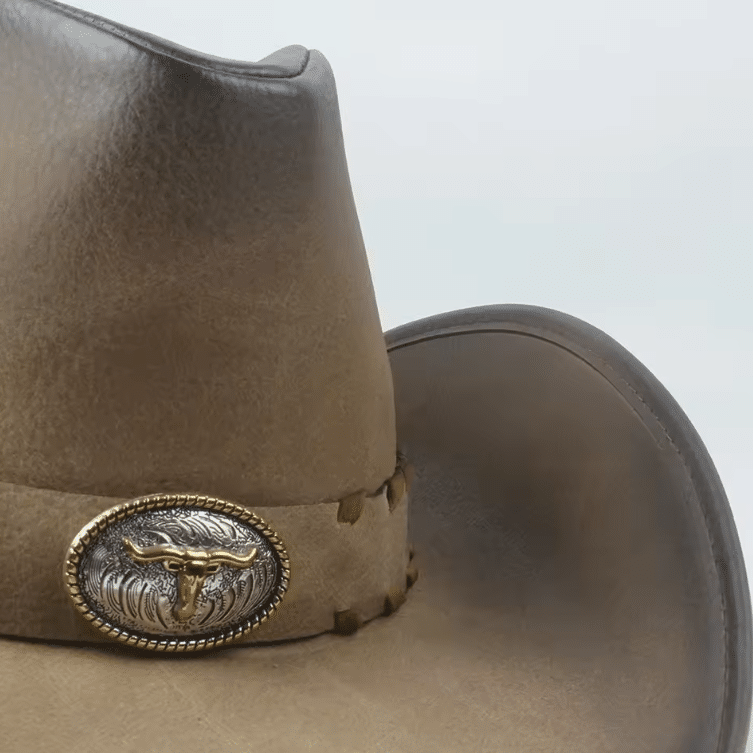 Chapeau cowboy homme sable cuir véritable effet vieilli bandeau tête de taureau (7)