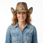 Chapeau cowboy homme sable cuir véritable effet vieilli bandeau tête de taureau (8)