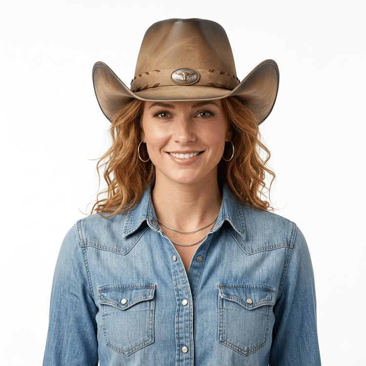 Chapeau cowboy homme sable cuir véritable effet vieilli bandeau tête de taureau (8)