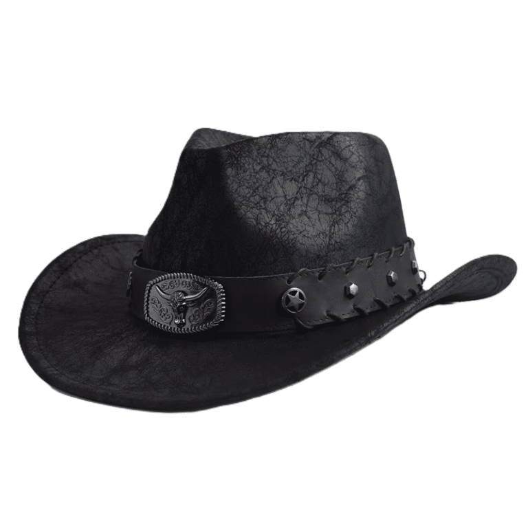 Chapeau cowboy homme simili cuir effet vieilli bandeau tête de taureau (1)
