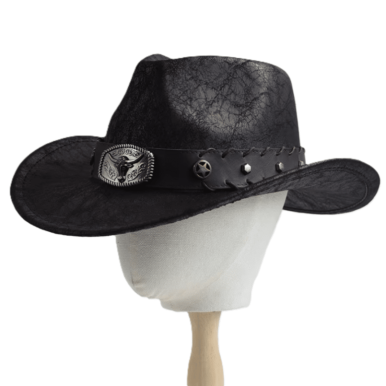 Chapeau cowboy homme simili cuir effet vieilli bandeau tête de taureau (4)