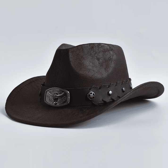 Chapeau cowboy homme simili cuir effet vieilli bandeau tête de taureau (5)