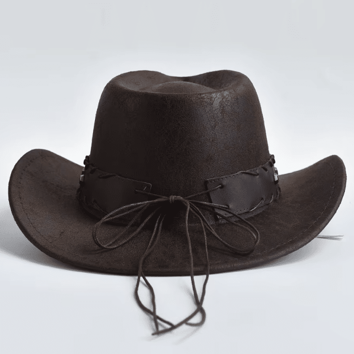 Chapeau cowboy homme simili cuir effet vieilli bandeau tête de taureau (7)