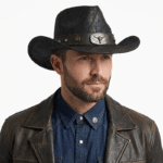 Chapeau cowboy homme simili cuir effet vieilli bandeau tête de taureau (9)