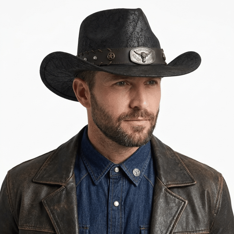 Chapeau cowboy homme simili cuir effet vieilli bandeau tête de taureau (9)