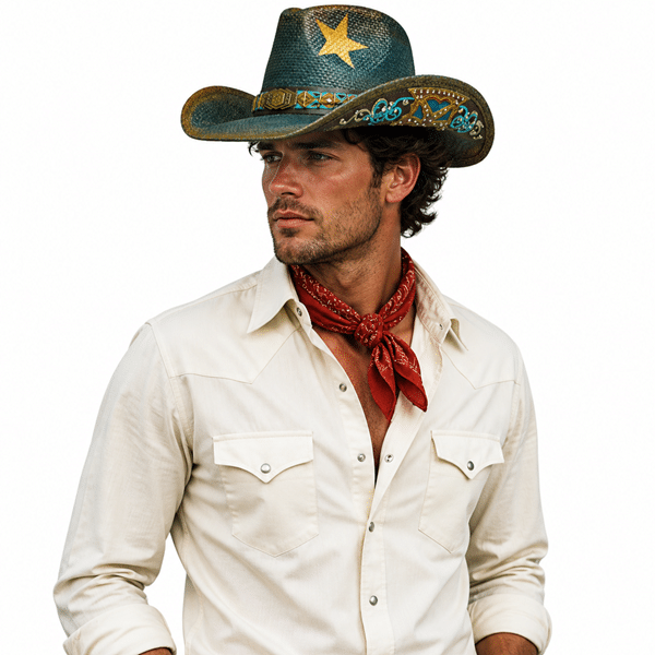 Chapeau cowboy homme turquoise étoile brodée vintage (4)