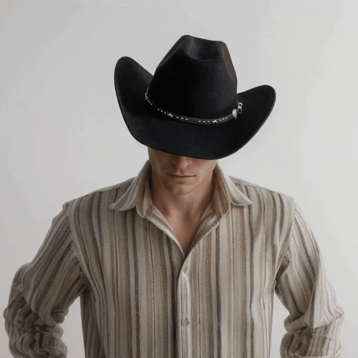 Chapeau cowboy marron en laine effet feutre bandeau clous (9)