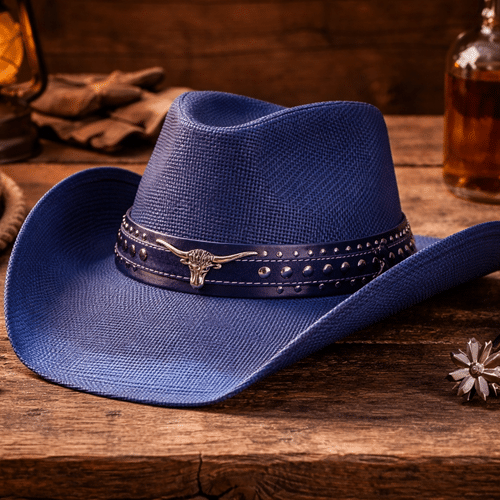 Chapeau cowboy paille bleu bandeau taureau (1)