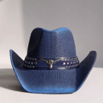 Chapeau cowboy paille bleu bandeau taureau (2)
