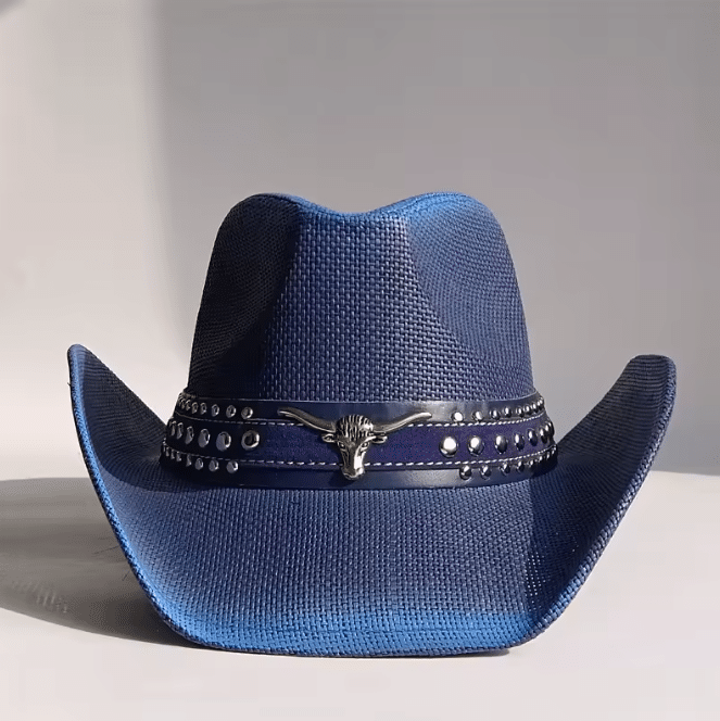 Chapeau cowboy paille bleu bandeau taureau (2)