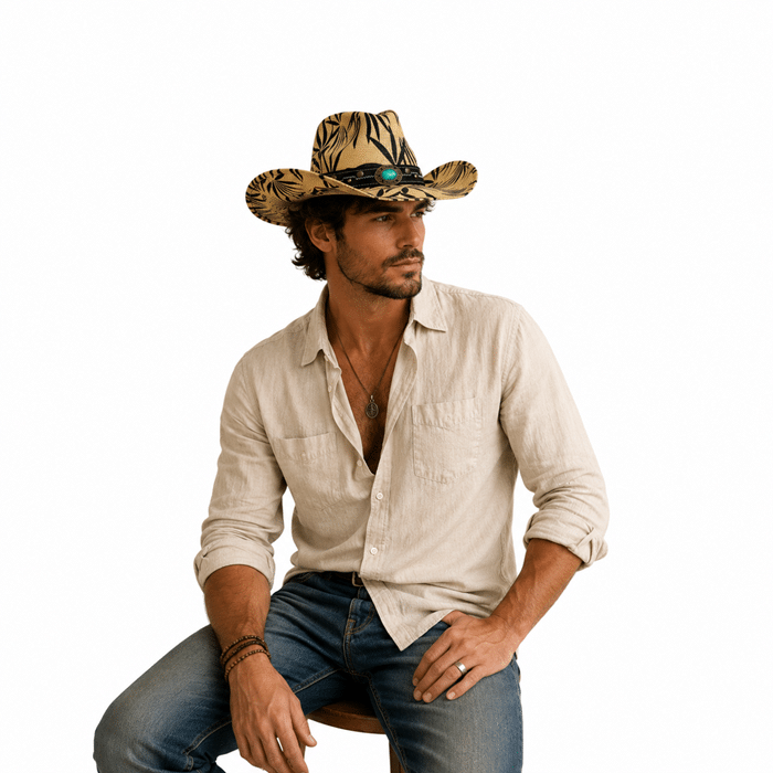 Chapeau cowboy paille motif tropical (2)
