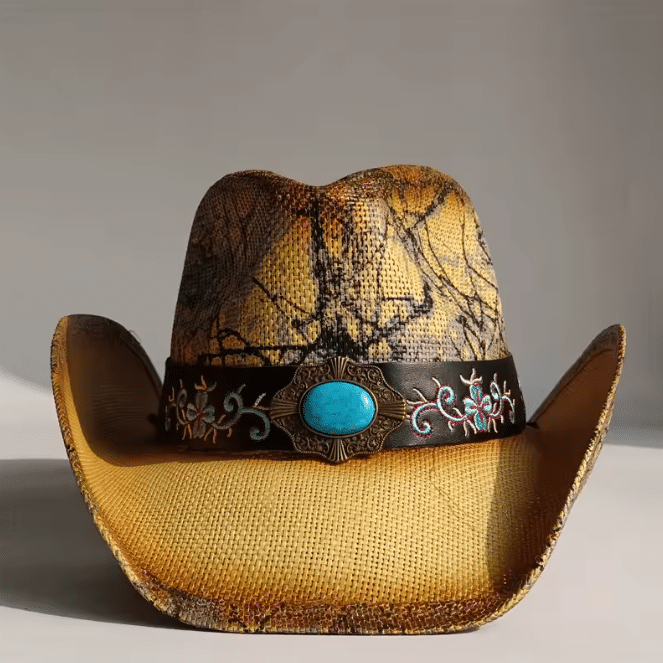 Chapeau cowboy paille motif tropical (4)