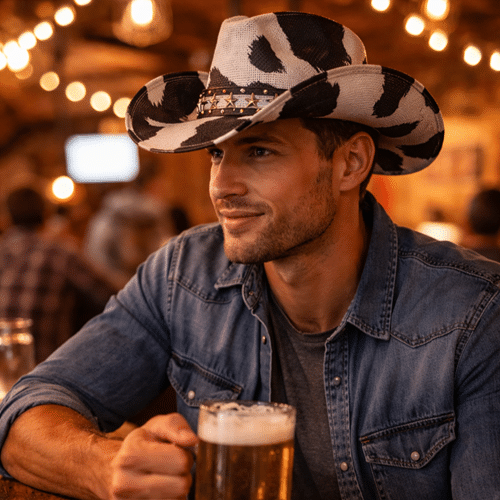 Chapeau cowboy paille motif vache noir blanc bandeau étoiles