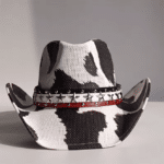 Chapeau cowboy paille motif vache noir blanc bandeau étoiles